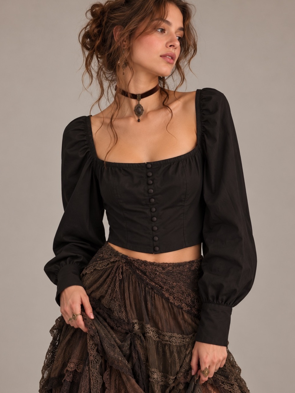 Nasty Gal Black Corset Top 8 Puff Sleeve Victorian Witchy Romantic Goth Cotton